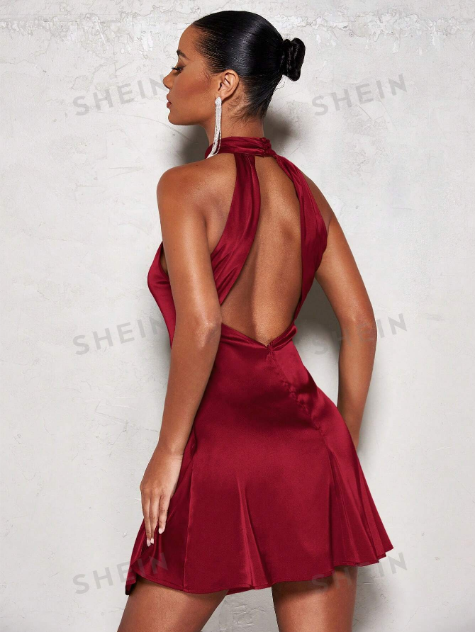Vestido Elegante Unicolor Sin Mangas con Cuello Halter y Espalda Descubierta