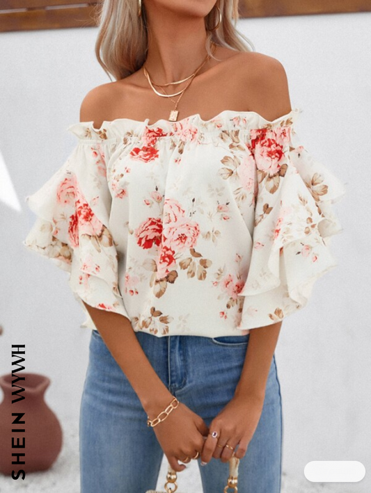 Blusa de Hombros Descubiertos con Ribete de Fruncido