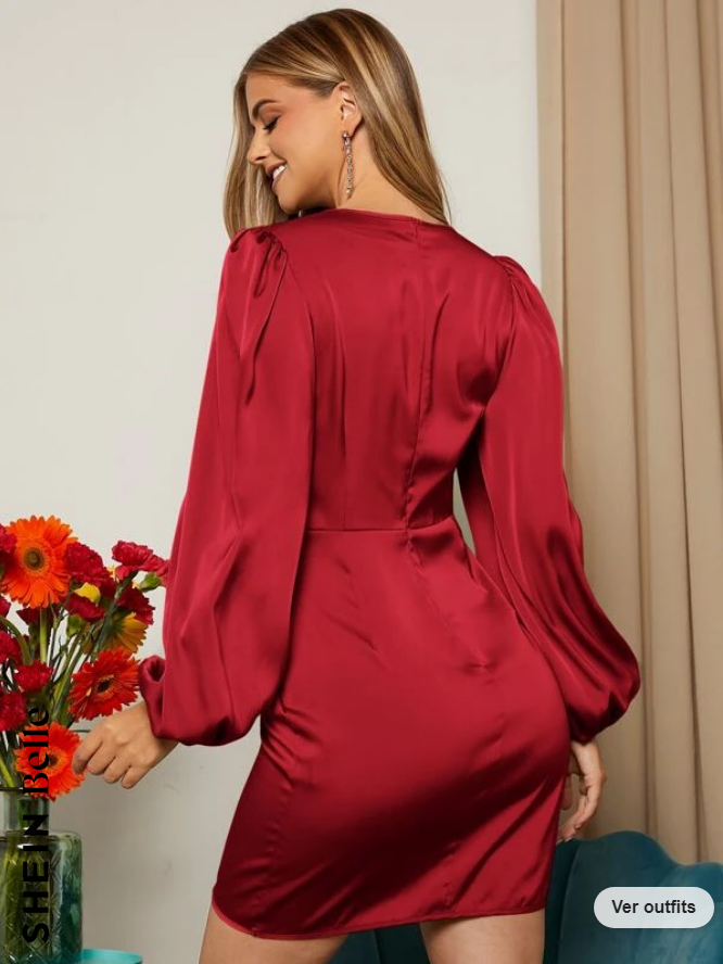 Vestido Rojo Borgoña Envolvente con Cuello de Surplice y Mangas Farol