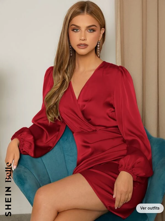 Vestido Rojo Borgoña Envolvente con Cuello de Surplice y Mangas Farol