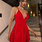 Vestido Sexy de Verano con Cuello en V Profundo, Corte A y Espalda Descubierta - Rojo Unicolor