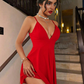 Vestido Sexy de Verano con Cuello en V Profundo, Corte A y Espalda Descubierta - Rojo Unicolor