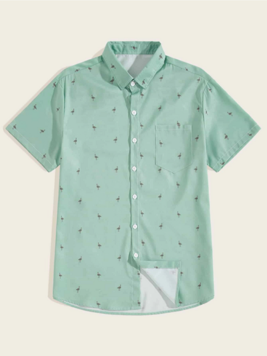 Camisa de hombres bajo curvo con estampado de grullas