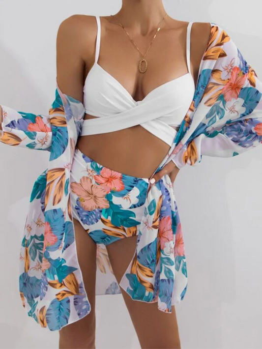 Bañador bikini floral tropical con kimono - 3 Piezas