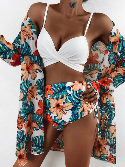Bañador bikini floral tropical con kimono - 3 piezas