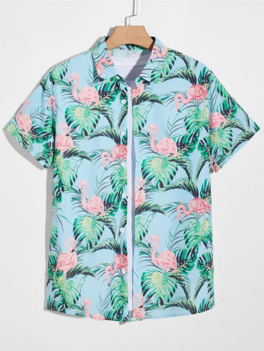 Camisa con Estampado Tropical y Flamencos