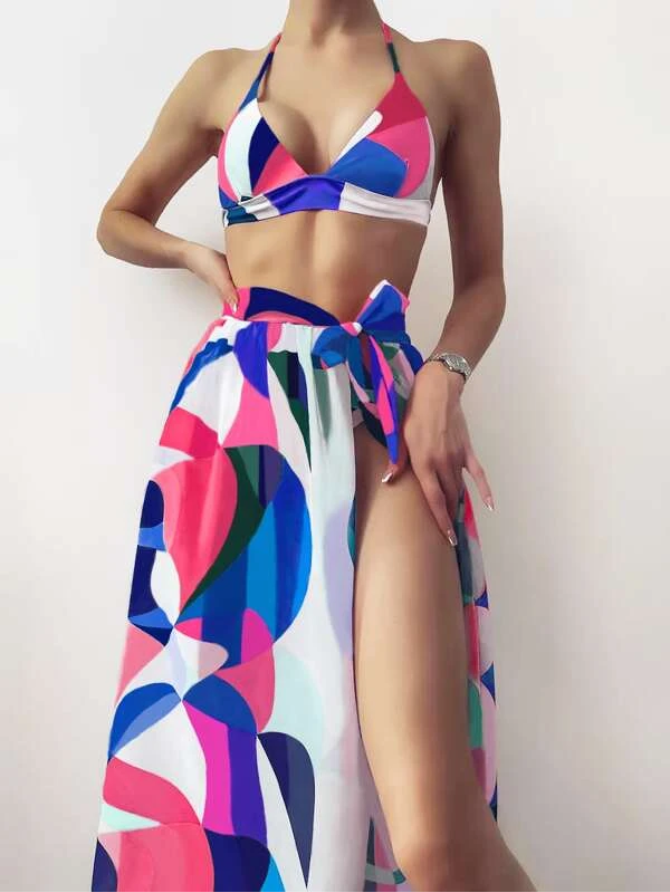 Bañador bikini halter con estampado con falda de playa - 3 piezas