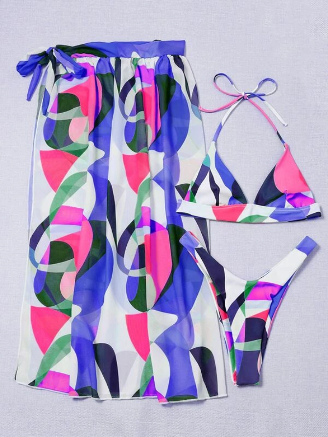 Bañador bikini halter con estampado con falda de playa - 3 piezas